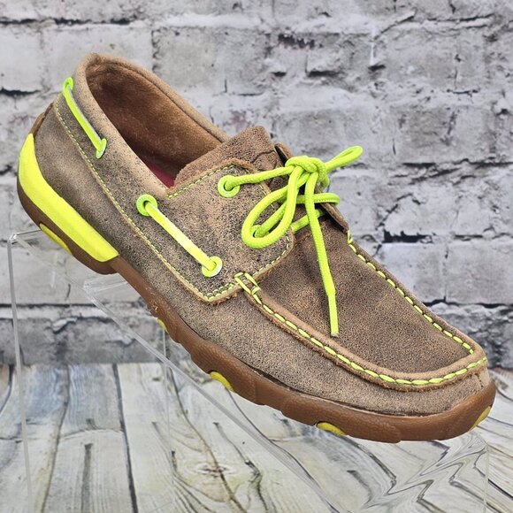Twisted X Women’s 7.5 Driving Mocs WDM0010 Bomber Brown Leather Boat Shoes Neon - Picture 1 of 9